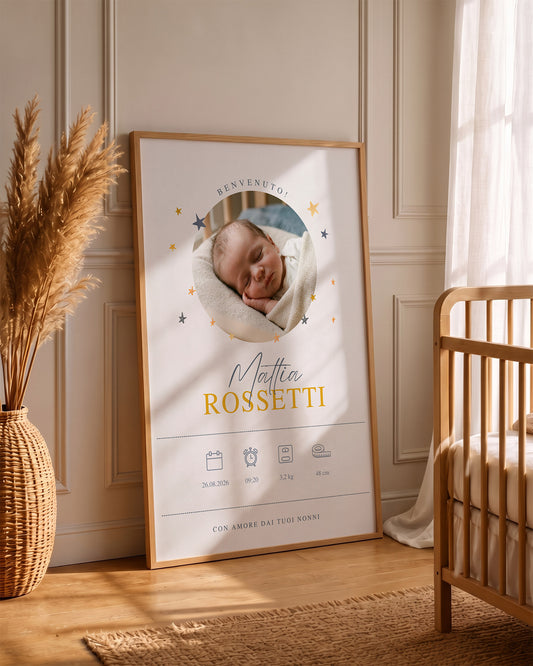 Quadro Nascita Personalizzato - Foto, Dati, Dedica e Stelle