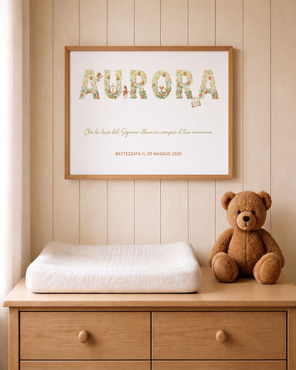 Quadro Battesimo Personalizzato - Lettere Floreali e Simboli Sacri