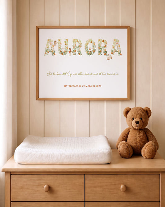 Quadro Battesimo Personalizzato - Lettere Floreali e Simboli Sacri