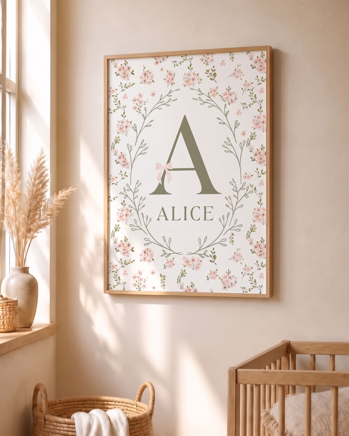 Quadro con Iniziale Personalizzata - Ghirlanda Botanica e Fiocco