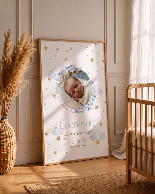 Quadro Nascita Personalizzato - Foto, Dati e Cornice Floreale, colore azzurro per cameretta bambino.