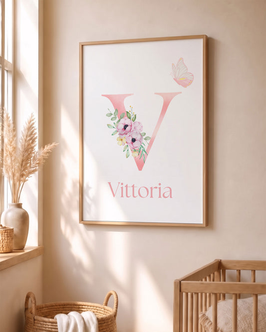 Quadro con Iniziale Personalizzata - Acquerello Floreale e Farfalla
