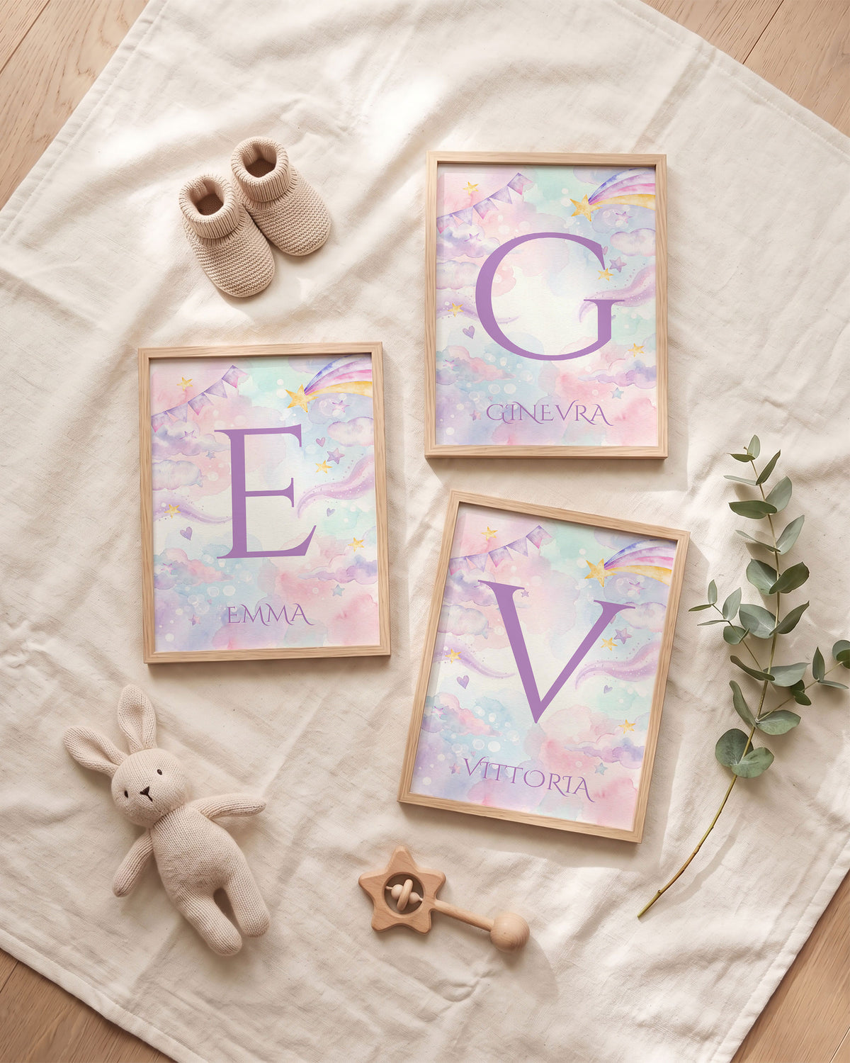 Set 3 Quadri Personalizzati - Iniziale e Unicorno Fatato