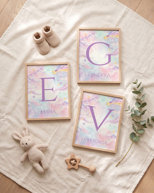 Set 3 Quadri Personalizzati - Iniziale e Unicorno Fatato