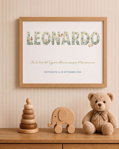 Quadro Battesimo Personalizzato - Lettere Floreali e Simboli Sacri, colore azzurro per cameretta bambino.