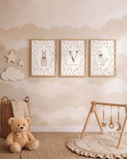 Set 3 Quadri Personalizzati - Iniziale, Coniglietto e Ochetta