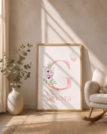 Quadro con Iniziale Personalizzata - Acquerello Floreale e Farfalla