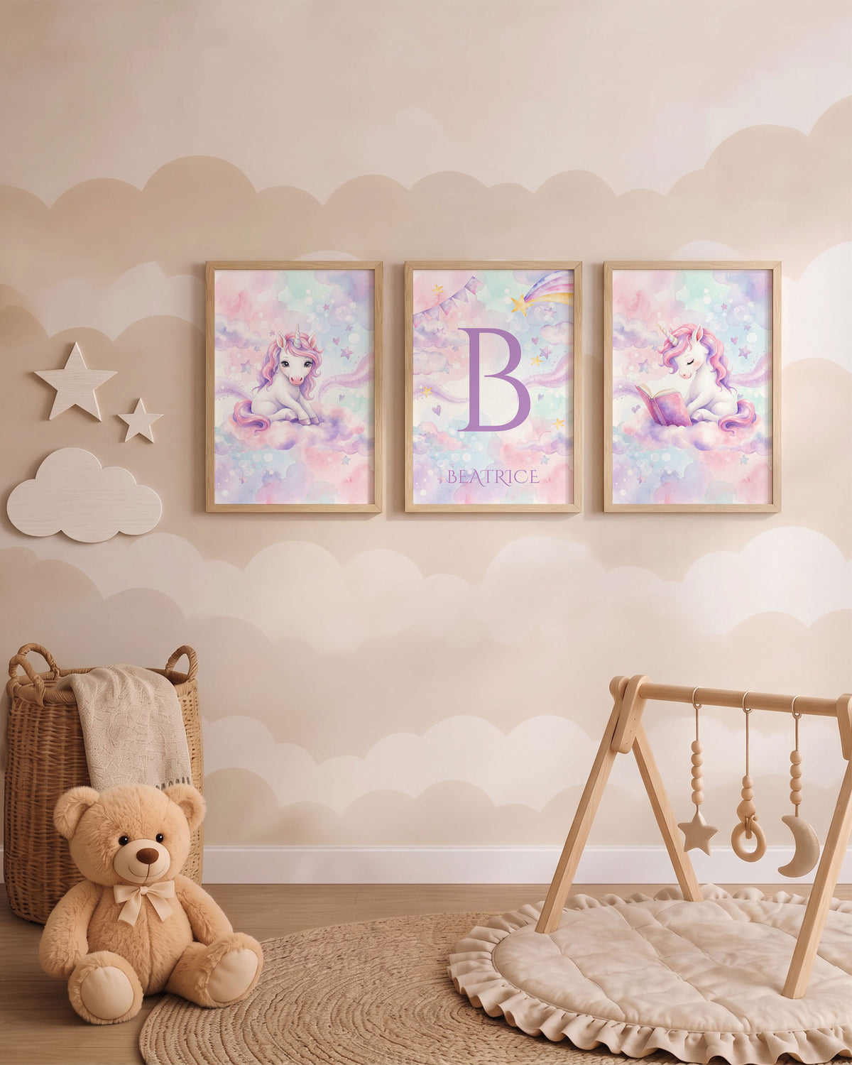 Set 3 Quadri Personalizzati - Iniziale e Unicorno Fatato