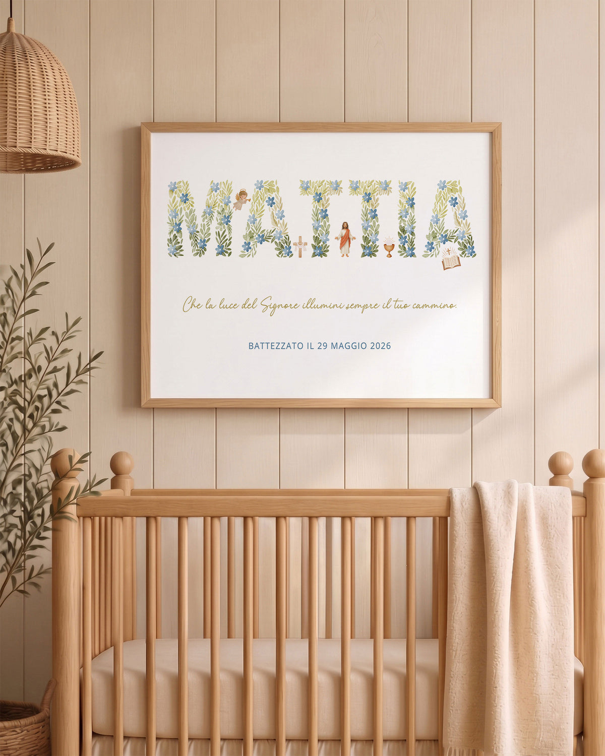Quadro Battesimo Personalizzato - Lettere Floreali e Simboli Sacri