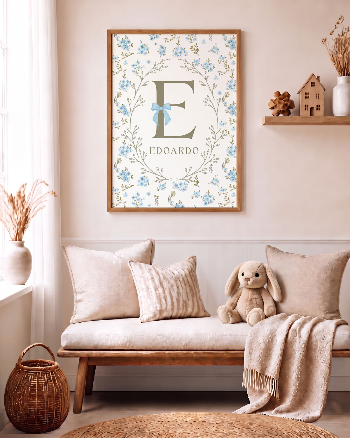Quadro con Iniziale Personalizzata - Ghirlanda Botanica e Fiocco