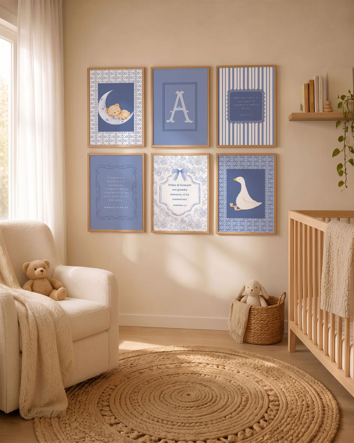 Set 6 Quadri Personalizzati - Iniziale, Animali e Versetti Biblici, colore azzurro per cameretta bambino.