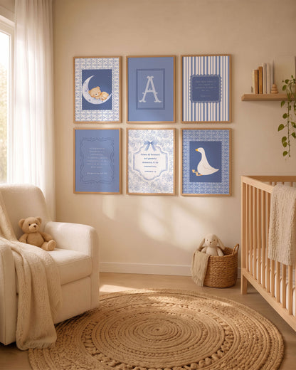 Set 6 Quadri Personalizzati - Iniziale, Animali e Versetti Biblici, colore azzurro per cameretta bambino.