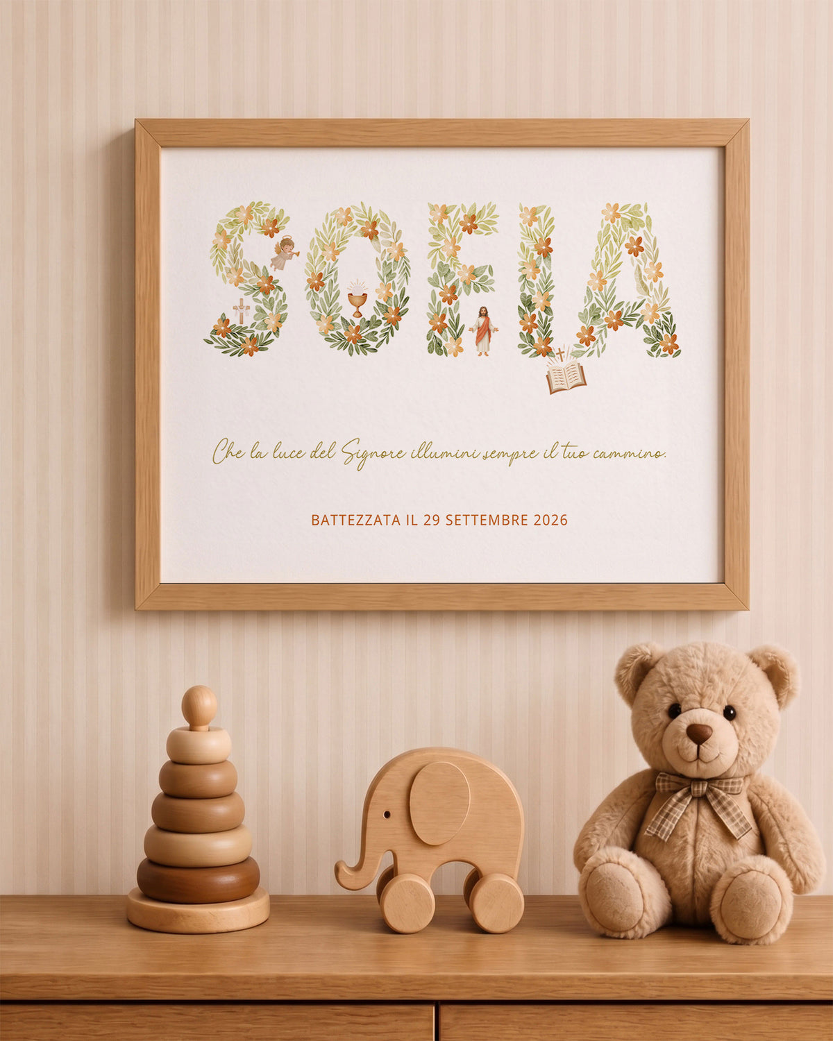 Quadro Battesimo Personalizzato - Lettere Floreali e Simboli Sacri, colore rosa per cameretta bambina.