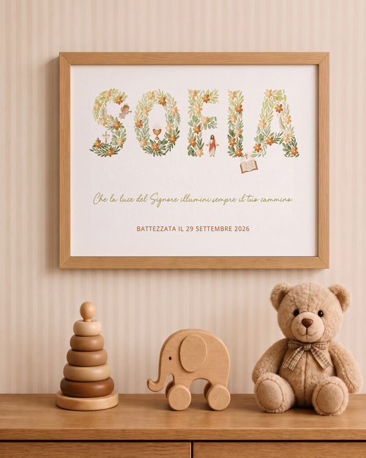 Quadro Battesimo Personalizzato - Lettere Floreali e Simboli Sacri, colore rosa per cameretta bambina.