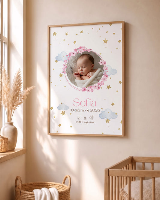 Quadro Nascita Personalizzato - Foto, Dati e Cornice Floreale, colore rosa per cameretta bambina.