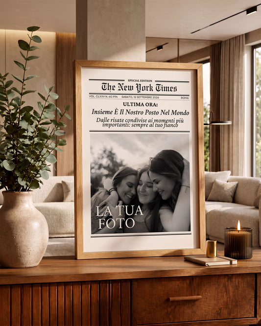 Quadro Prima Pagina Giornale Personalizzato con Foto e Titoli, idea regalo originale per amiche e famiglia.
